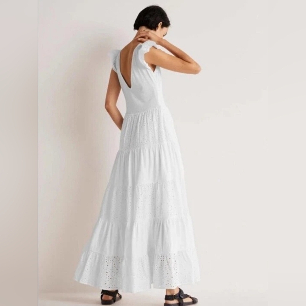 BODEN Broderie Mix Jersey Maxi Dress US 14 White Tiered Frill Sleeve V-Neck - Picture 5 of 14